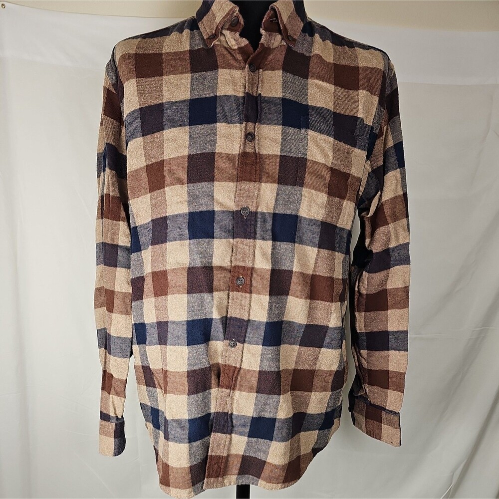 Croft & Barrow Men's Large Plaid Flannel Shirt Brown Tan Navy Button Up